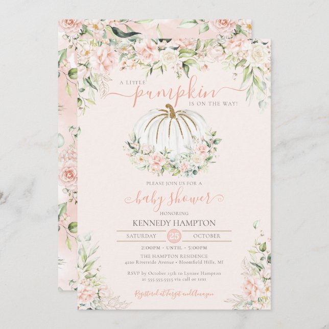 Invitation Baby shower d'automne rose pâle petit Citrouille (Devant / Derrière)