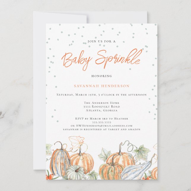 Invitation Baby shower d'automne rustique Saupoudrer Citrouil (Devant)