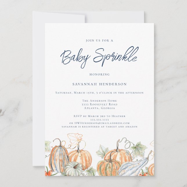 Invitation Baby shower d'automne Saupoudrer Citrouille bleu (Devant)