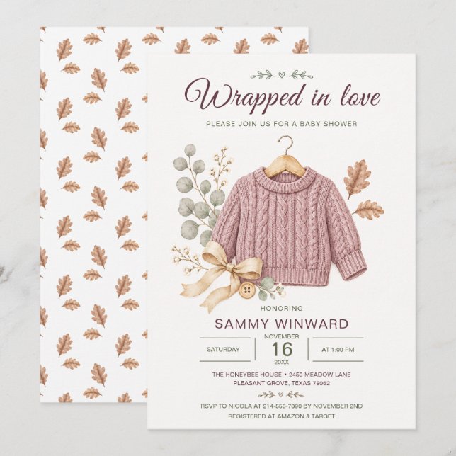 Invitation Baby Shower d'Automne Sweater Rose Pous (Devant / Derrière)
