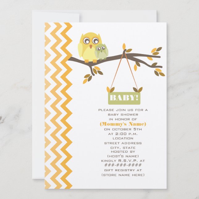 Invitation Baby shower d'automne vert neutre Chouettes mamans (Devant)