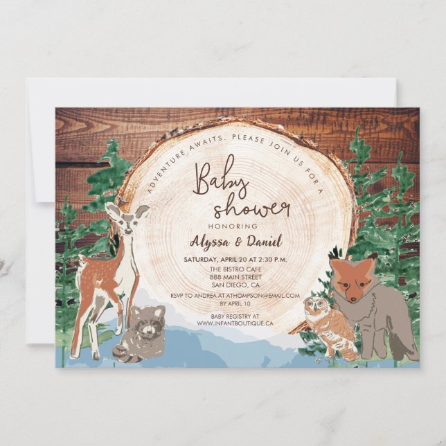 Invitation Baby shower d'aventure Aquarelles Bois (Devant)