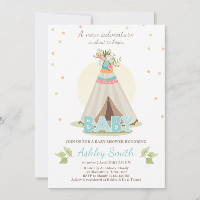 Invitation baby shower d'aventure Boy Teepee Boho (Devant)