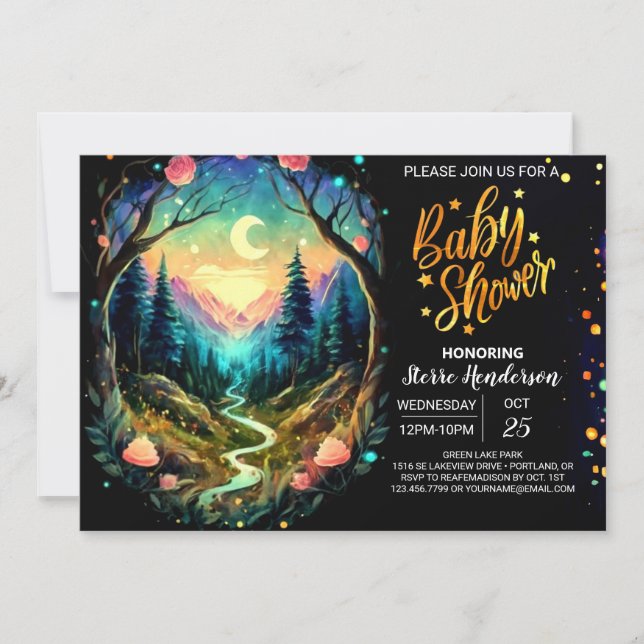 Invitation Baby shower d'aventure magique en bois mou (Devant)