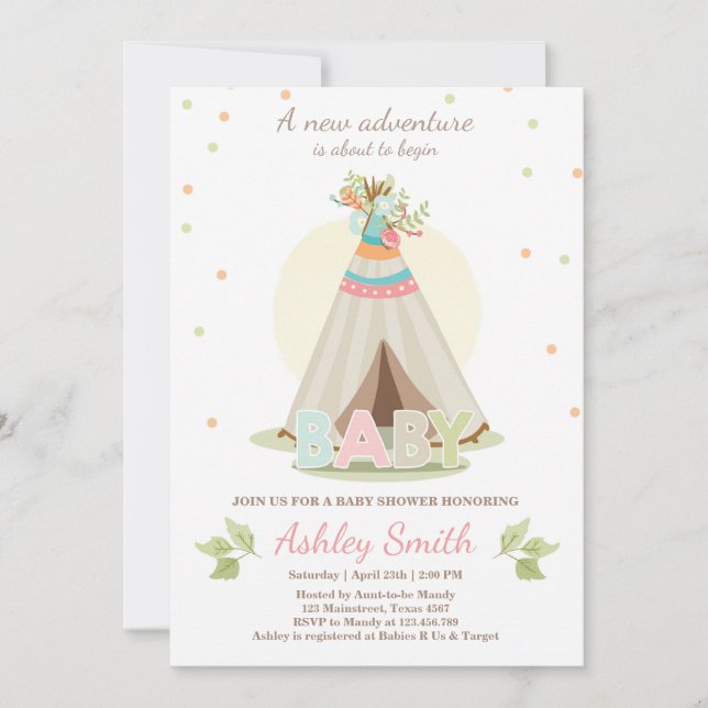 Invitation baby shower d'aventure Teepee Pow wow (Devant)