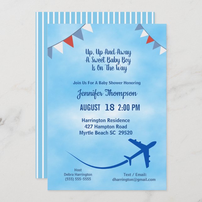 Invitation Baby shower d'avion Blue Boy's (Devant / Derrière)