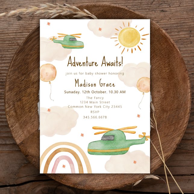 Invitation Baby shower d'avion Boho Adventure Helicopter (Boho Adventure Helicopter Airplane Baby Shower Invitation)