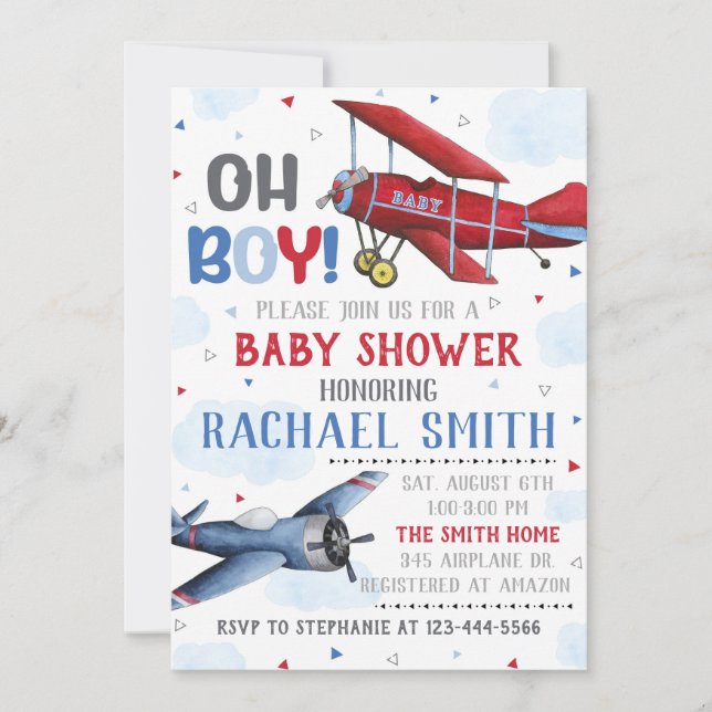 Invitation Baby shower d'avion Invitation, Baby shower garçon (Devant)