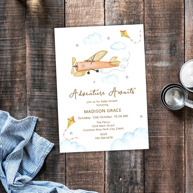 Invitation Baby shower d'avion neutre Vintage Aviator (Neutral Vintage Aviator Airplane Baby Shower Invitation)