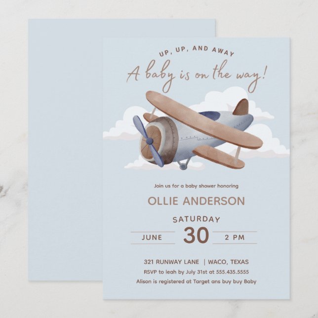 Invitation Baby shower d'avion Time Flies (Devant / Derrière)