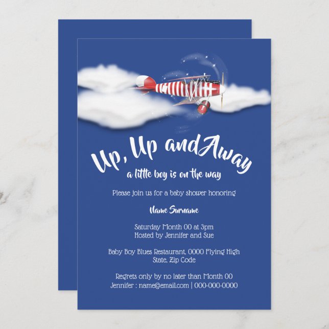 Invitation baby shower d'avion voyageant avec les garçons ble (Devant / Derrière)
