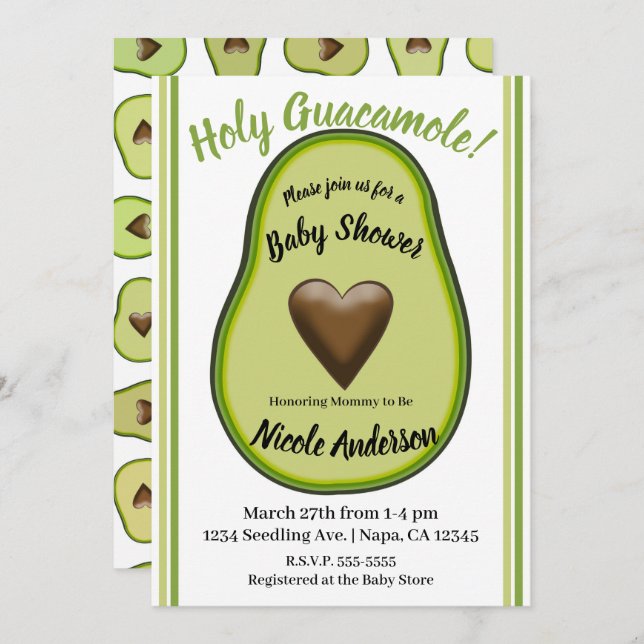 Invitation Baby shower d'Avocado du coeur Saint-Guacamole (Devant / Derrière)