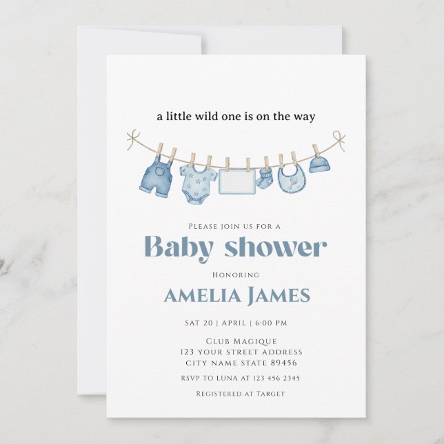 Invitation Baby shower de 1 garçon Blue ClothestLine (Devant)