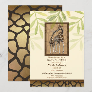 Invitation Baby shower de baiser Brown de zoo de girafes d'or
