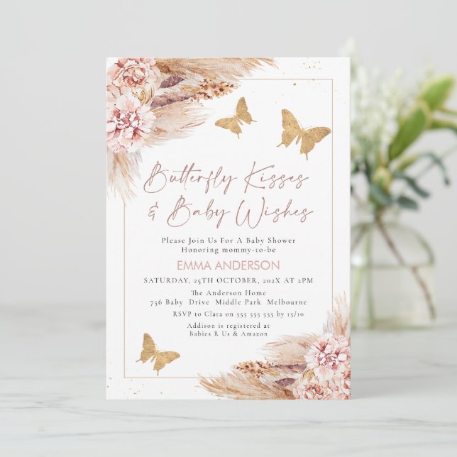Invitation Baby shower de baisers floraux Boho rose (Debout devant)