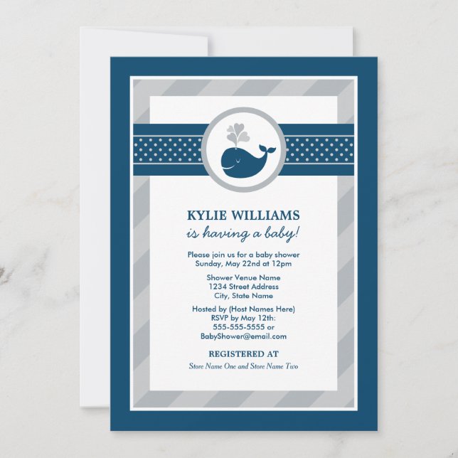 Invitation Baby shower de baleine bleu gris de la marine naut (Devant)