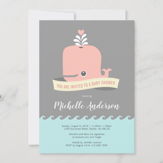 Invitation Baby shower de baleine rose (Devant)