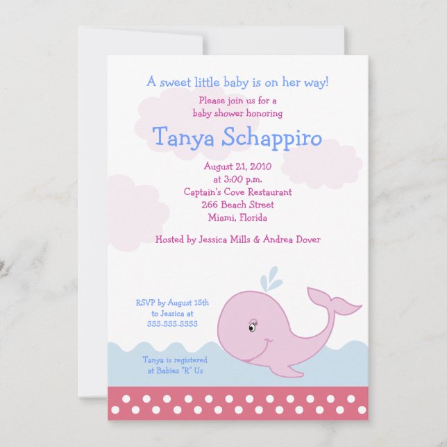 Invitation Baby shower de baleine rose heureuse 5x7 Invitatio (Devant)