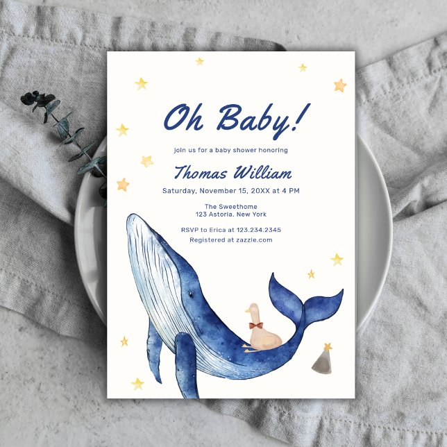 Invitation Baby shower de baleines à étoile bleu Whimsical Du (Blue Whimsical Duckling Star Whale Baby Shower Invitation)