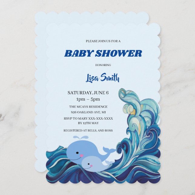 Invitation Baby shower de baleines bleu marine (Devant / Derrière)