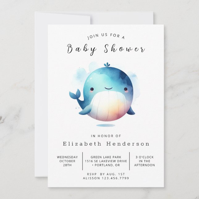 Invitation Baby shower de baleines chic et imprimable (Devant)