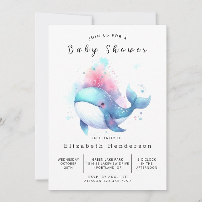 Invitation Baby shower de baleines élégant et modifiable (Devant)
