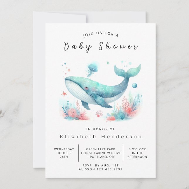 Invitation Baby shower de baleines en ligne non sexiste (Devant)