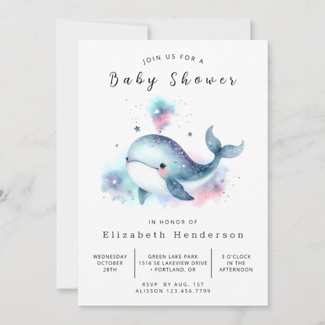 Invitation Baby shower de baleines modifiable amusant (Devant)