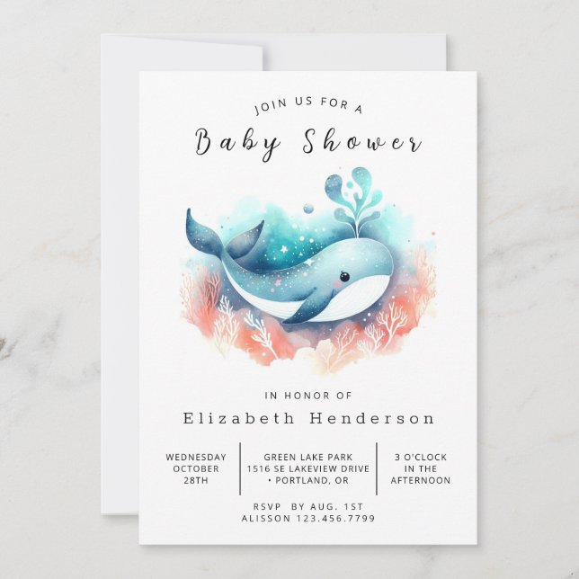 Invitation Baby shower de baleines modifiable amusant (Devant)