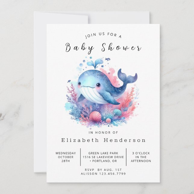 Invitation Baby shower de baleines modifiable amusant (Devant)