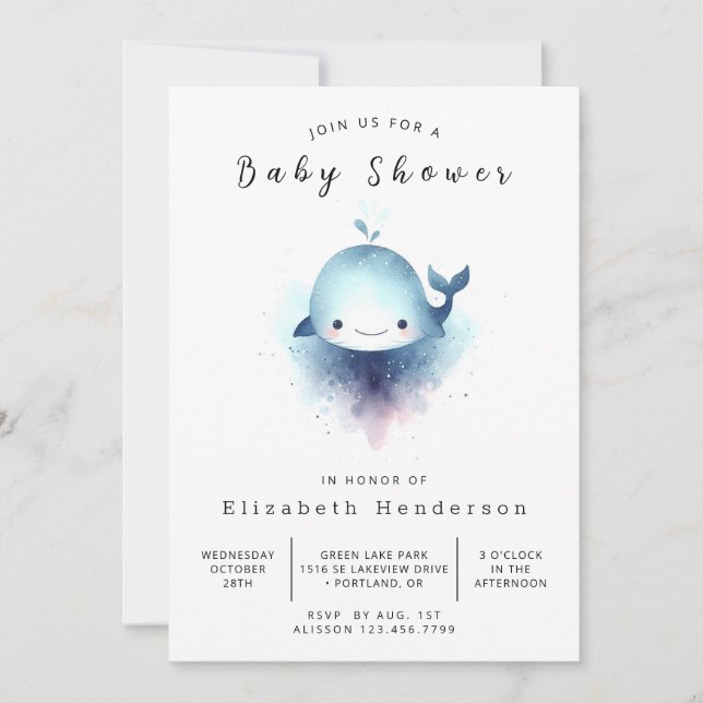 Invitation Baby shower de baleines modifiable aquarelle (Devant)