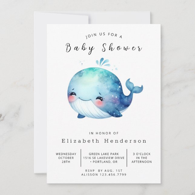 Invitation Baby shower de baleines modifiable aquarelle (Devant)