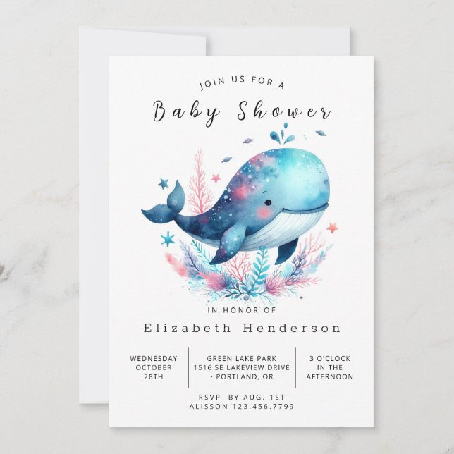 Invitation Baby shower de baleines modifiable aquarelle (Devant)