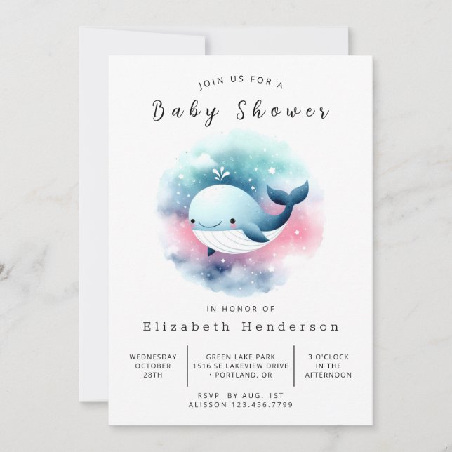 Invitation Baby shower de baleines modifiable classique (Devant)