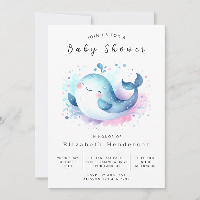 Invitation Baby shower de baleines modifiable dans l'océan (Devant)