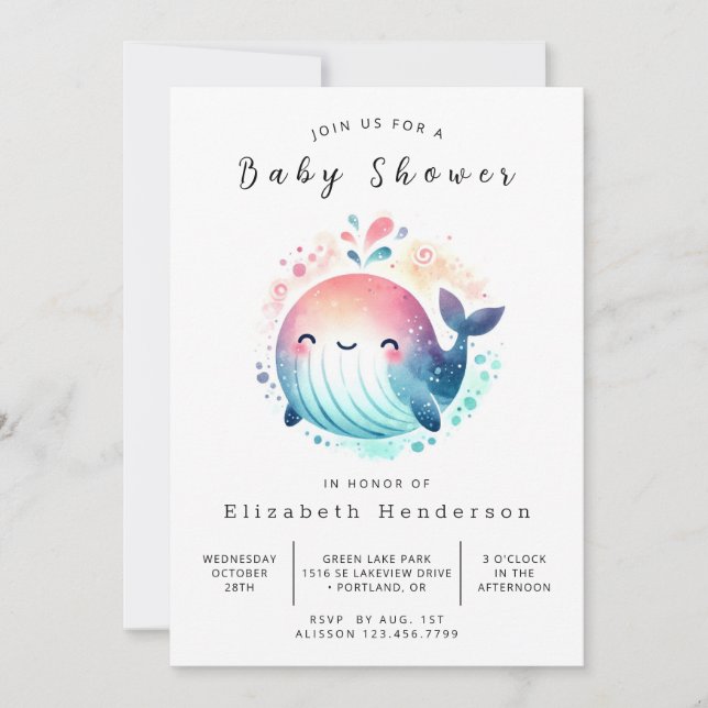Invitation Baby shower de baleines modifiable en eau (Devant)