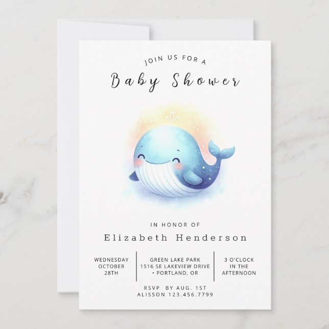 Invitation Baby shower de baleines modifiable en eau (Devant)