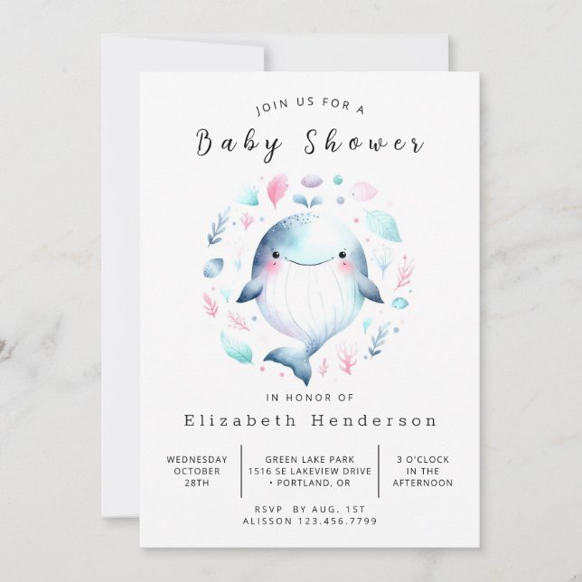 Invitation Baby shower de baleines modifiable en mer (Devant)