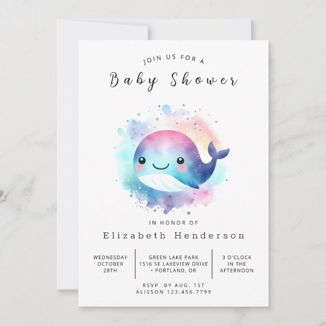 Invitation Baby shower de baleines modifiable en mer (Devant)
