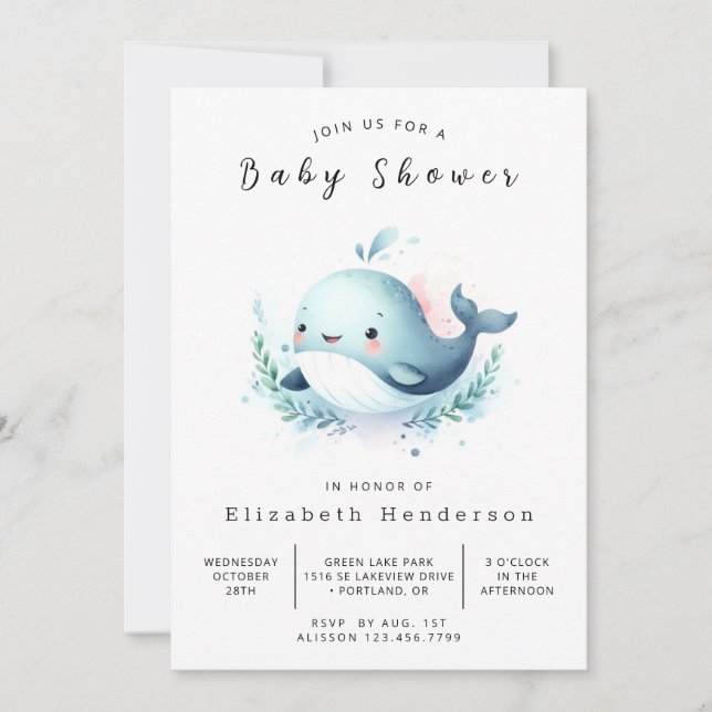 Invitation Baby shower de baleines modifiable enchanté (Devant)