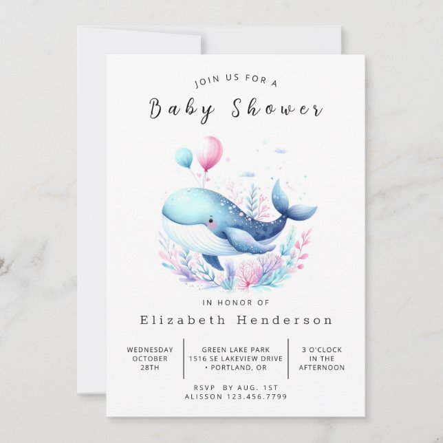 Invitation Baby shower de baleines modifiable enchanté (Devant)