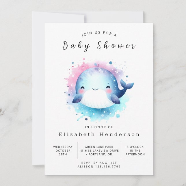 Invitation Baby shower de baleines modifiable et neutre selon (Devant)