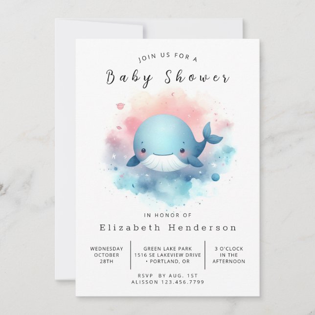 Invitation Baby shower de baleines modifiable et neutre selon (Devant)