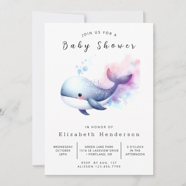 Invitation Baby shower de baleines modifiable et neutre selon (Devant)