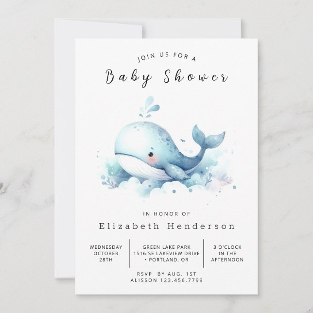 Invitation Baby shower de baleines modifiable gracieux (Devant)