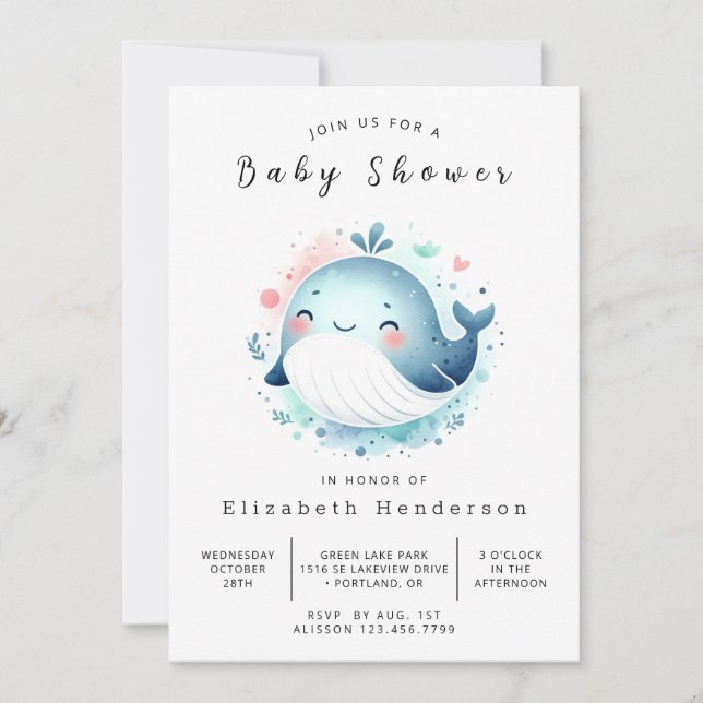 Invitation Baby shower de baleines modifiable gracieux (Devant)