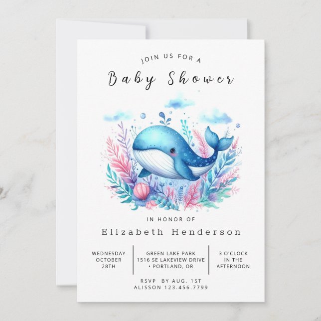 Invitation Baby shower de baleines modifiable moderne (Devant)