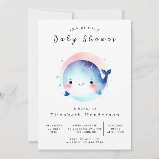 Invitation Baby shower de baleines modifiable moderne (Devant)