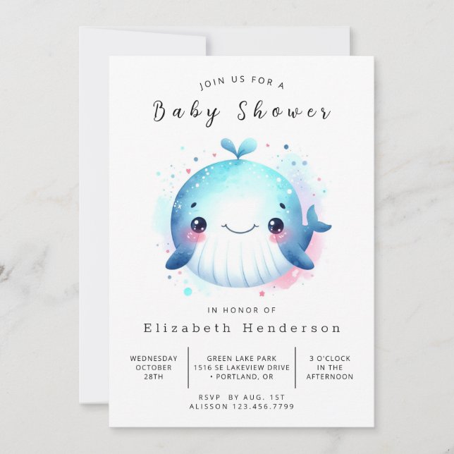 Invitation Baby shower de baleines modifiable nautique (Devant)