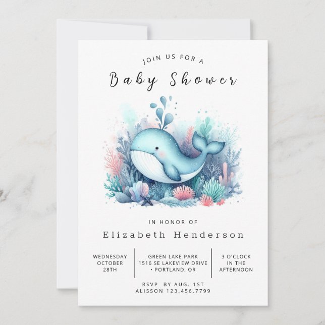 Invitation Baby shower de baleines modifiable nautique (Devant)